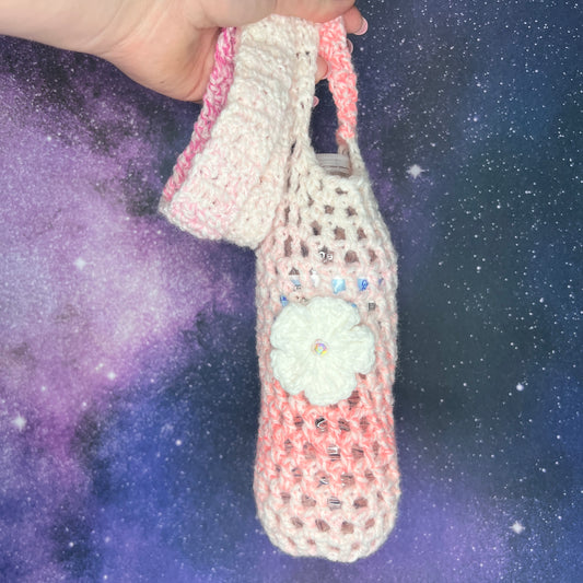 Pretty Pink Crochet Water Bottle Holder Bag