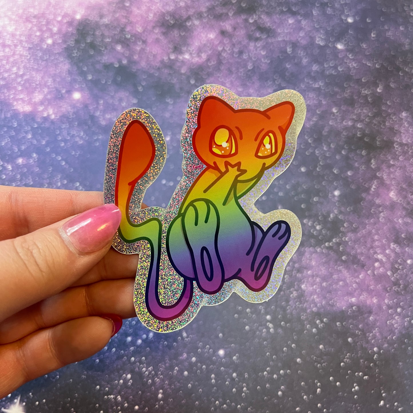 Rainbow Mew Pokémon Glitter Waterproof Sticker