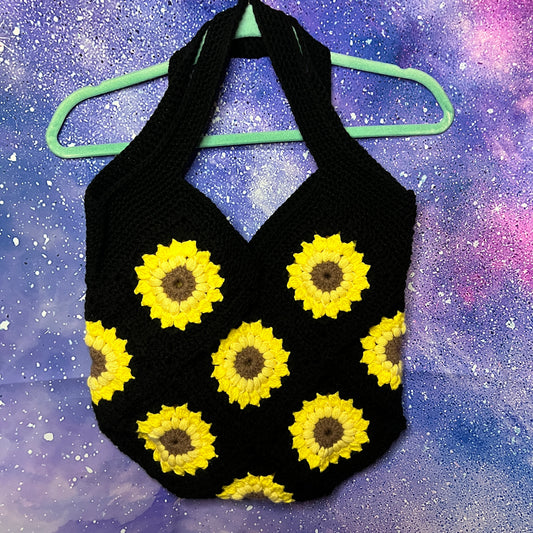Sunflower Black Granny Square Crochet Tote Bag